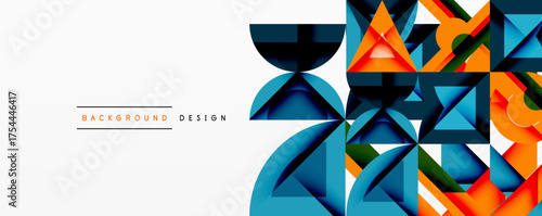 Abstract geometric shapes create vibrant design. Blue, orange hues dominate composition. Minimalist style with text elements present.