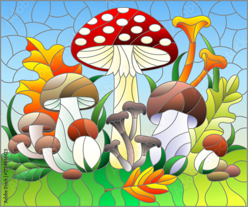 An illustration in the style of a stained glass window with a composition of mushrooms and leaves on a blue background