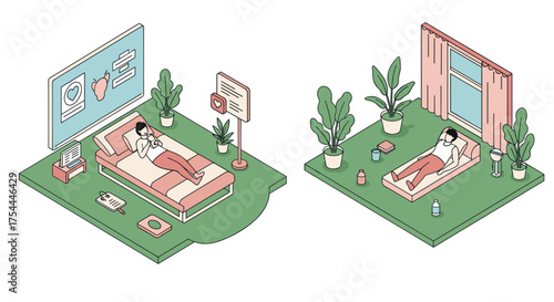 Isometric relaxation concepts with iot and meditation in minimalist rooms