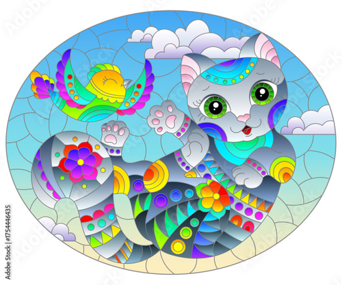 Wallpaper Mural A stained glass illustration with cartoon rainbow cat and bird on the background of the sky and clouds Torontodigital.ca