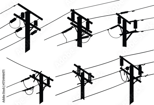 Set of electrical utility poles with power lines and insulators silhouette vector illustration for industrial energy, electricity, and engineering design