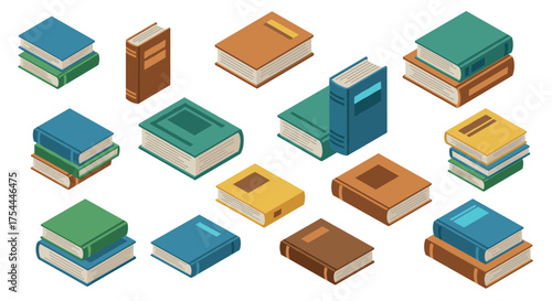 Isometric collection of books in various colors and styles perfect for educational materials
