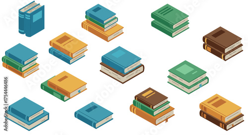 Colorful isometric books collection with varied stacks and designs on white background