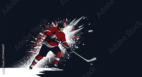 Dynamic Ice Hockey Player: Skating Action with Ice Shattering Effect on Dark Background