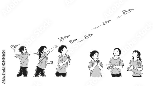 Soaring Dreams: Young minds unleash their imagination as they launch paper airplanes into the sky, embodying youthful dreams and the spirit of exploration.