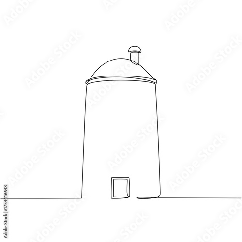 Pottery kiln in one line art style, black and white, representing ceramics and craft, with copy space