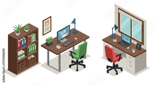 Modern office workspace interior with desks and chairs in isometric design