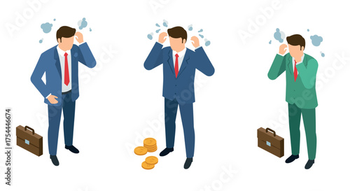Isometric businessman stress and financial worries in office scene
