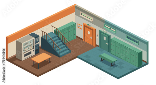 Isometric school hallway with lockers and stairs design