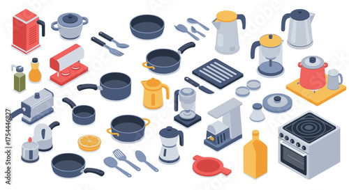 Modern kitchen appliances in isometric style with coffee machines and cookware