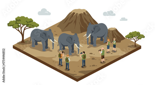 Isometric wildlife safari scene with tourists observing elephants in natural habitat