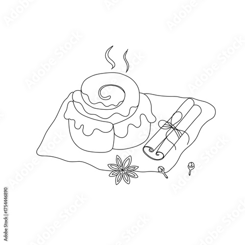 Vector illustration of a fragrant Cinnabon bun with a cinnamon stick, star anise and cloves in a doodle style