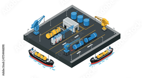 Isometric shipping yard with cargo ships and cranes in a port facility