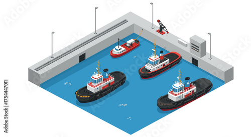 Isometric tugboats in harbor scene with industrial maritime elements