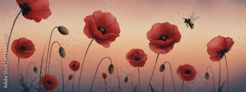 Watercolor bumblebee flying among red poppy flowers. Bee pollinating field artwork for spring and summer greeting card. Environmental conservation concept.