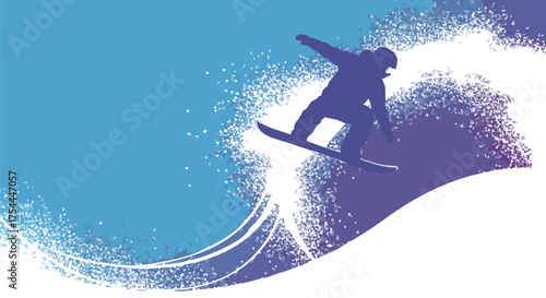 Dynamic Snowboarder Silhouette Jumping with Powder Spray Graphic Illustration