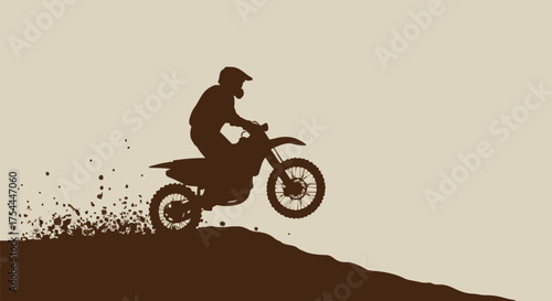 Motocross Dirt Bike Rider Silhouette Jumping Hill with Dirt Spray - Vector Illustration