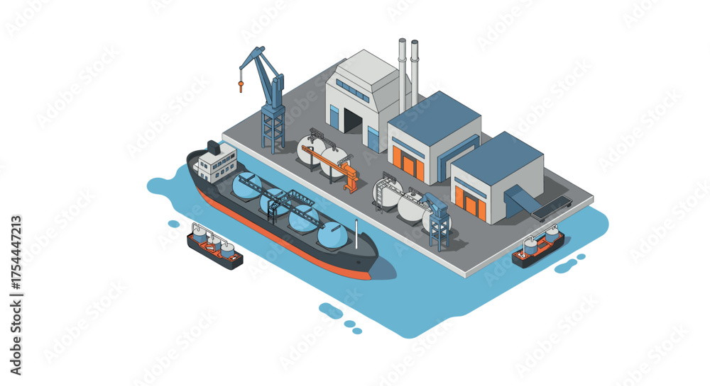 Obraz premium Isometric industrial port with cargo ships and cranes in harbor scene