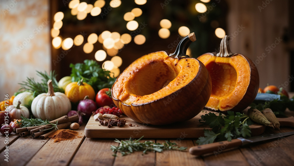 Fototapeta premium Cut oven-baked pumpkins on a wooden table surrounded by various vegetables and herbs