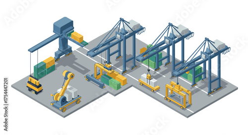 Isometric cargo port with cranes and containers in industrial setting