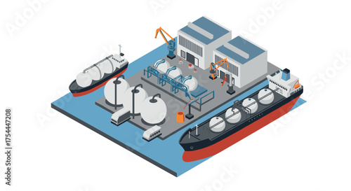 Isometric lng terminal with cargo ships and storage tanks