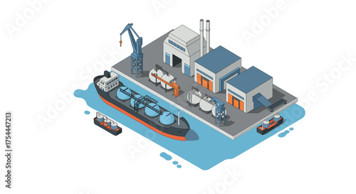Isometric industrial port with cargo ships and cranes in harbor scene