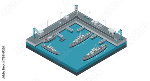 Isometric seaport with military ships and cranes in a harbor scene