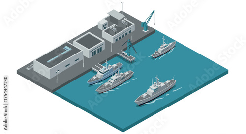 Isometric harbor with ships and cranes in modern marine port design