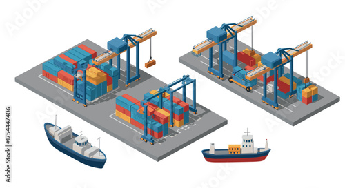 Isometric cargo port with cranes and ships for logistics and shipping