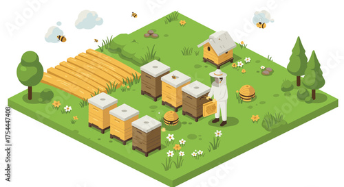 Beekeeper tending hives in peaceful isometric garden with bees and flowers
