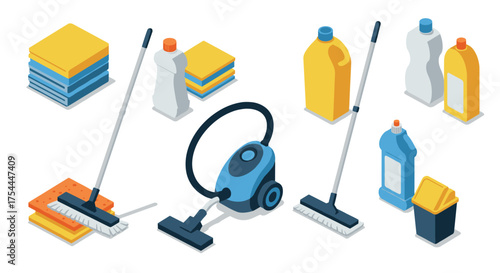 Modern isometric cleaning supplies collection featuring vacuum, detergents, mops, and sponges
