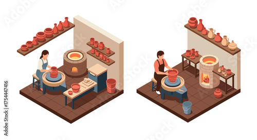 Isometric ceramic workshop: traditional pottery crafting process in miniature studio setting