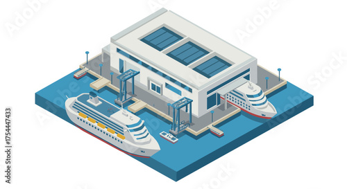 Isometric cruise ship terminal with docked ships and modern architecture