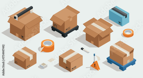 Isometric packaging elements with cardboard boxes and tools for shipping and storage