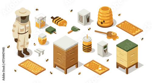 Beekeeping elements: isometric tools, equipment, and honeycomb designs for apiculture enthusiasts