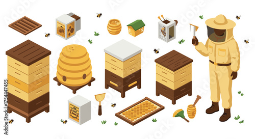 Isometric beekeeping scene with beekeeper and honeycombs in modern flat design