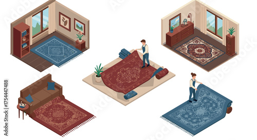 Isometric room designs featuring stylish persian carpets and modern furniture