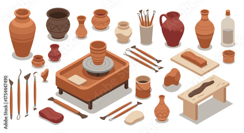 Isometric pottery studio scene with clay sculpting tools and pots