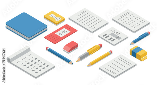 Isometric office supplies collection with notebooks, pencils, erasers, and documents