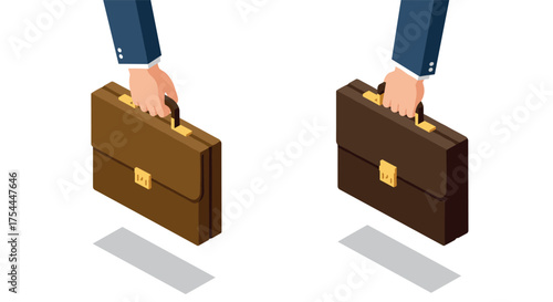 Businessman's hand holding briefcase in professional isometric design