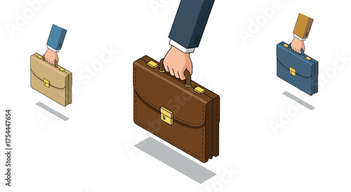 Business hand holding briefcase in isometric style with shadow
