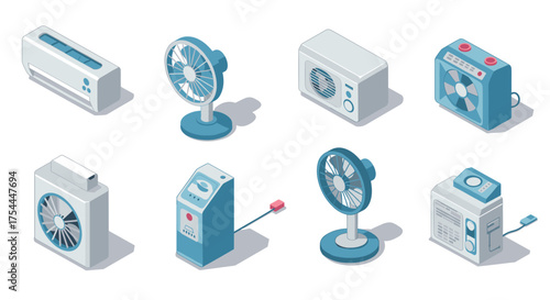 Isometric set of cooling appliances featuring fans and air conditioners