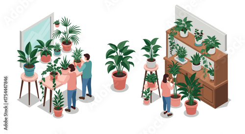 Isometric indoor gardening scene with diverse houseplants and people