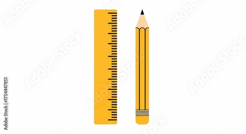 High-quality yellow pencil with sharp tip alongside matching yellow ruler with precise measurements for school or office use illustration