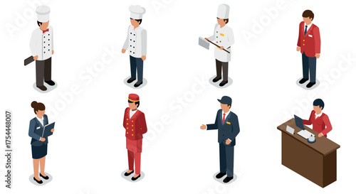 Isometric characters in hospitality and service uniforms