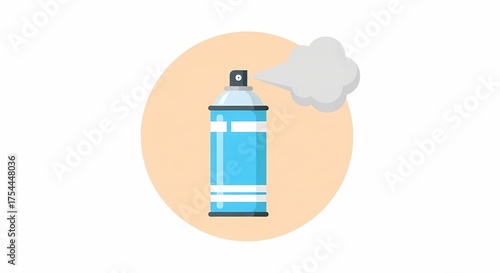 Illustration of a blue spray paint can isolated on a white background with orange circle, emitting a cloud, ideal for design projects