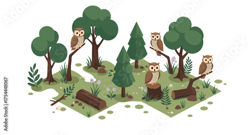 Isometric forest scene with owls and trees in a woodland ecosystem illustration