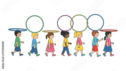 Childhood Games: Playful children balance colorful hoops on their heads, marching together in a delightful display of childhood joy and coordinated movement.