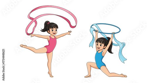 Graceful Rhythmic Gymnastics: A dynamic duo of young gymnasts showcases agility and artistry with ribbon and hoop, highlighting the grace and athleticism of rhythmic gymnastics.