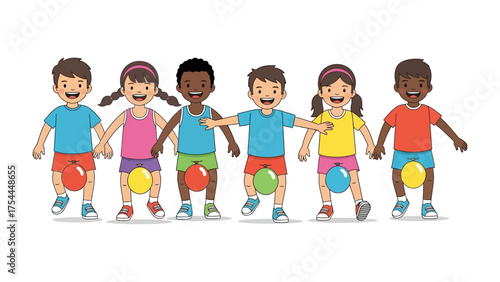 Playful Friendship: A colorful scene of diverse children, each balancing a vibrant ball with their legs, gleefully holding hands in a circle, demonstrating unity and the joy of shared activity. 